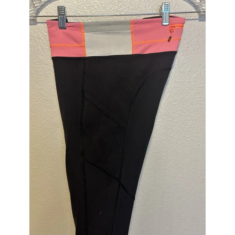 LULULEMON Speed Tight Black Ruched Leggings Pockets Size 6‎ Striped Waistband